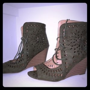Olive suede leather cut out wedges lace up